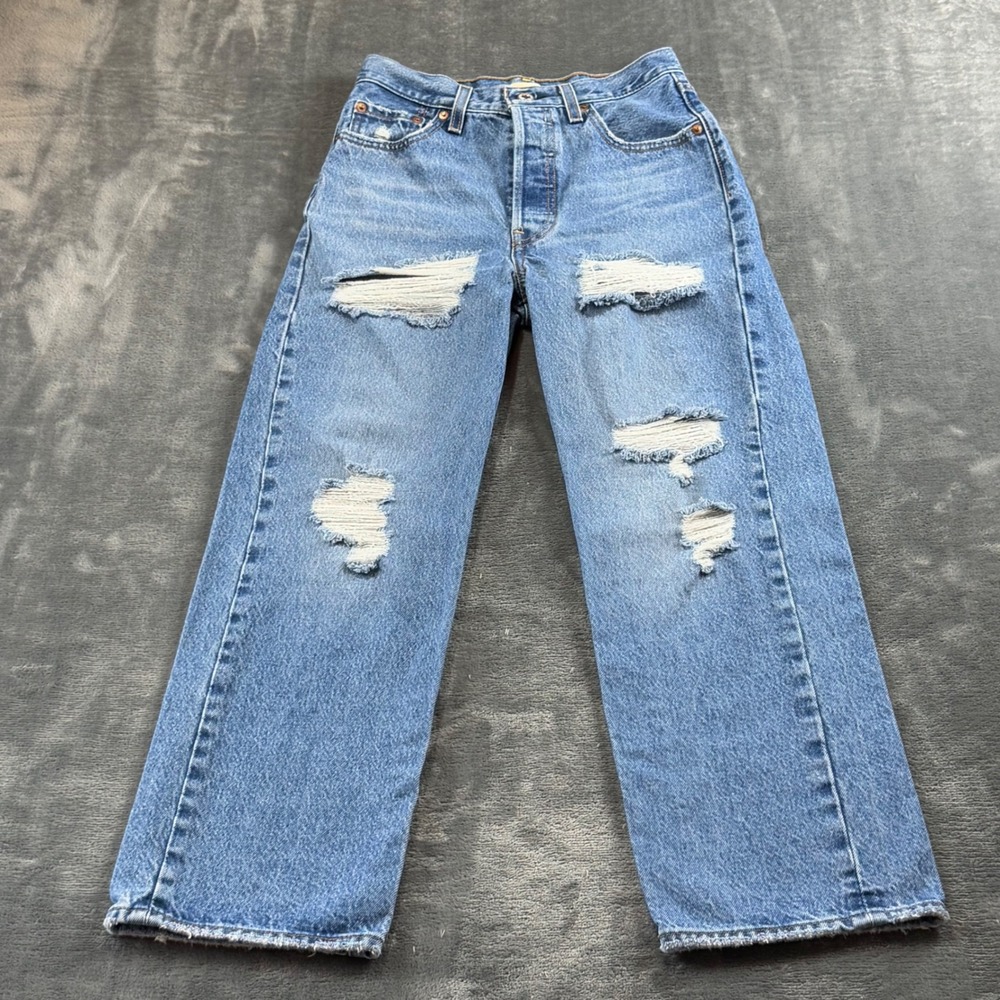 Levis Premium Ribcage Straight Ankle Jeans 25 Blue Distressed High Rise